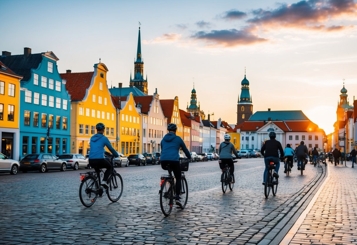 A bike tour of Aarhus at sunset, with colorful buildings lining the cobblestone streets and the city's iconic landmarks in the background