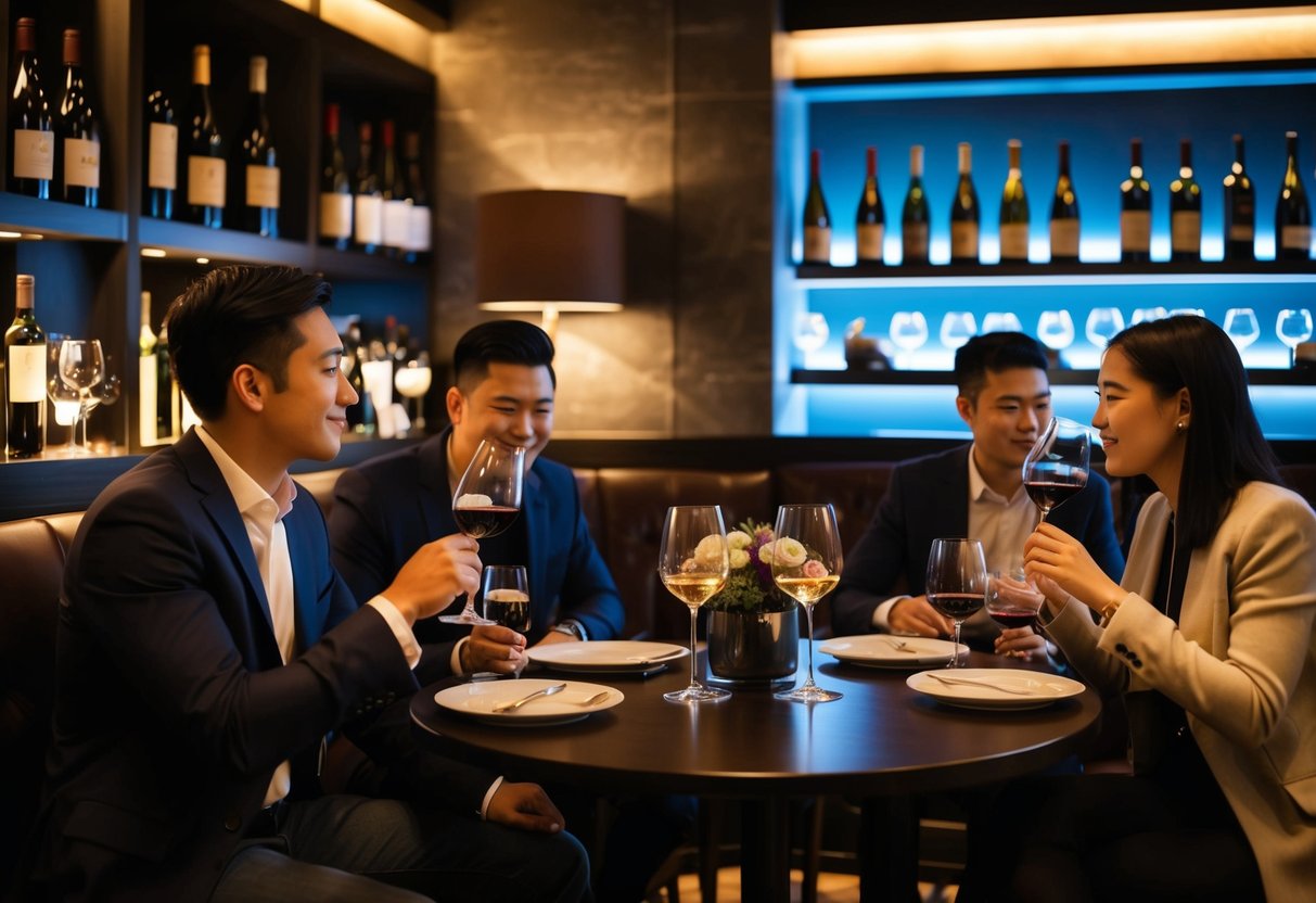 A cozy wine bar with dim lighting, shelves of wine bottles, and couples sipping from glasses at small tables