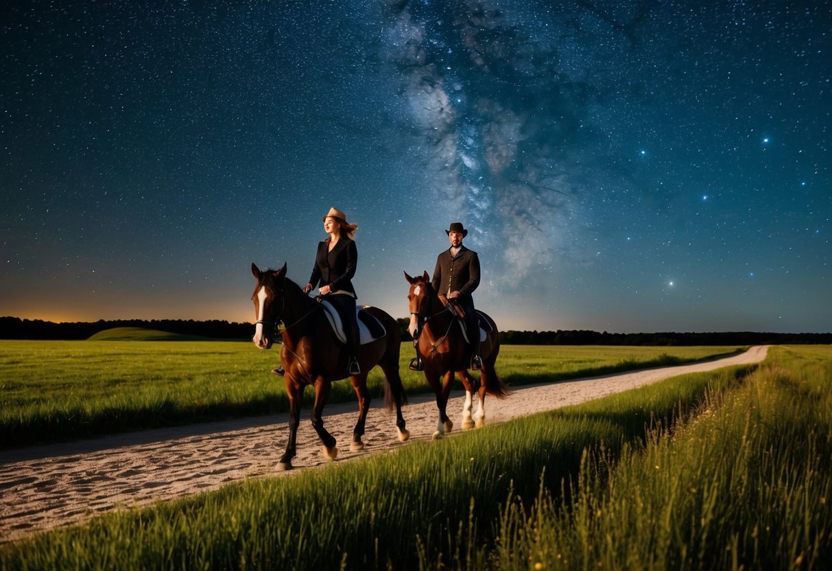A couple horseback riding through the countryside at Den Gamle Grænsekro under the starry night sky