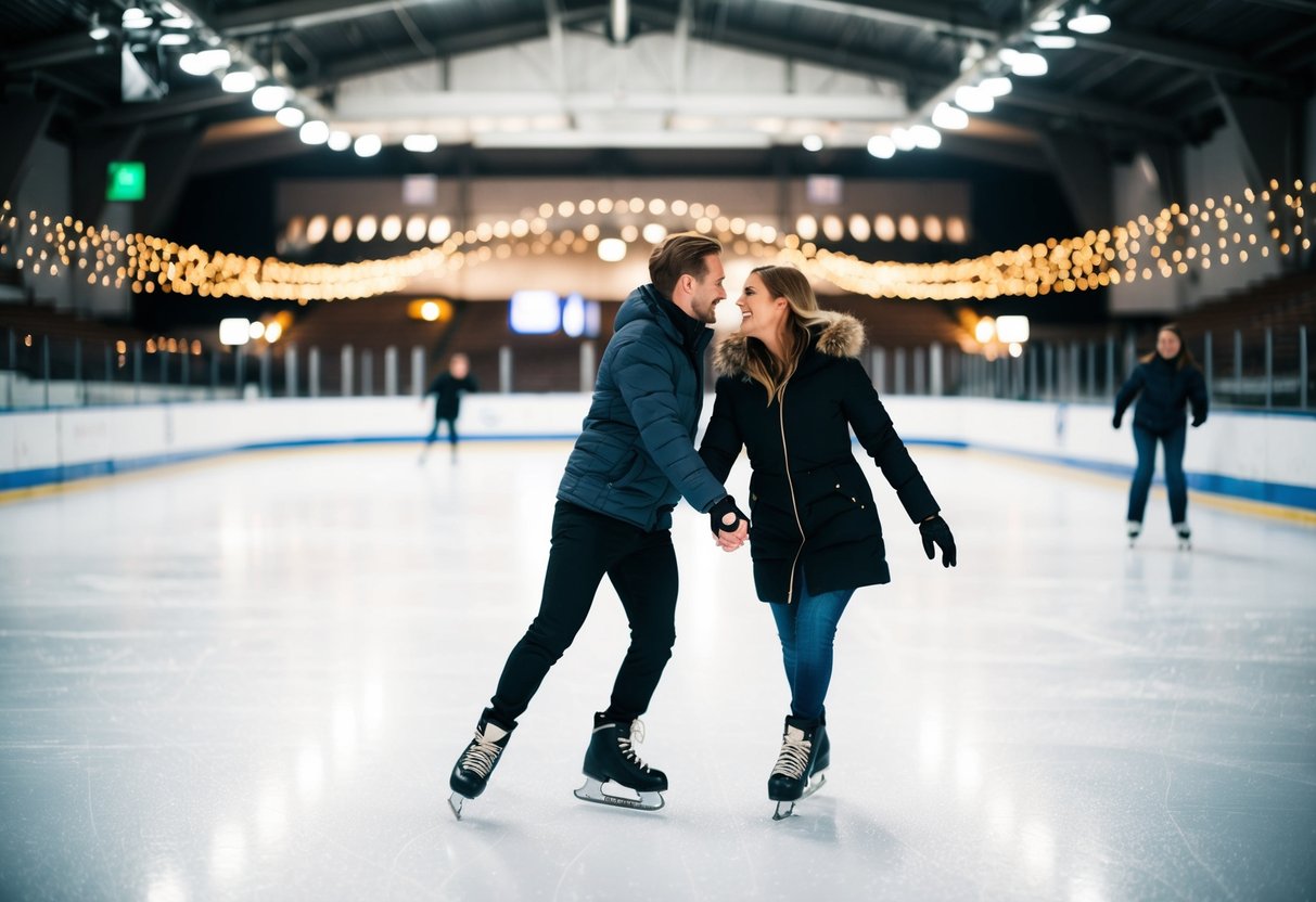 A couple glides across the ice at Aarhus Skøjtehal, surrounded by the glow of the rink's lights and the sound of blades carving through the smooth surface