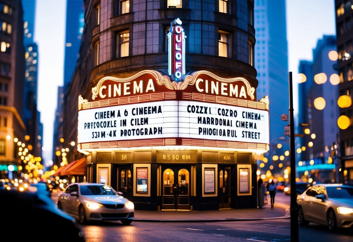 A cozy cinema with retro marquee, surrounded by twinkling city lights and bustling streets