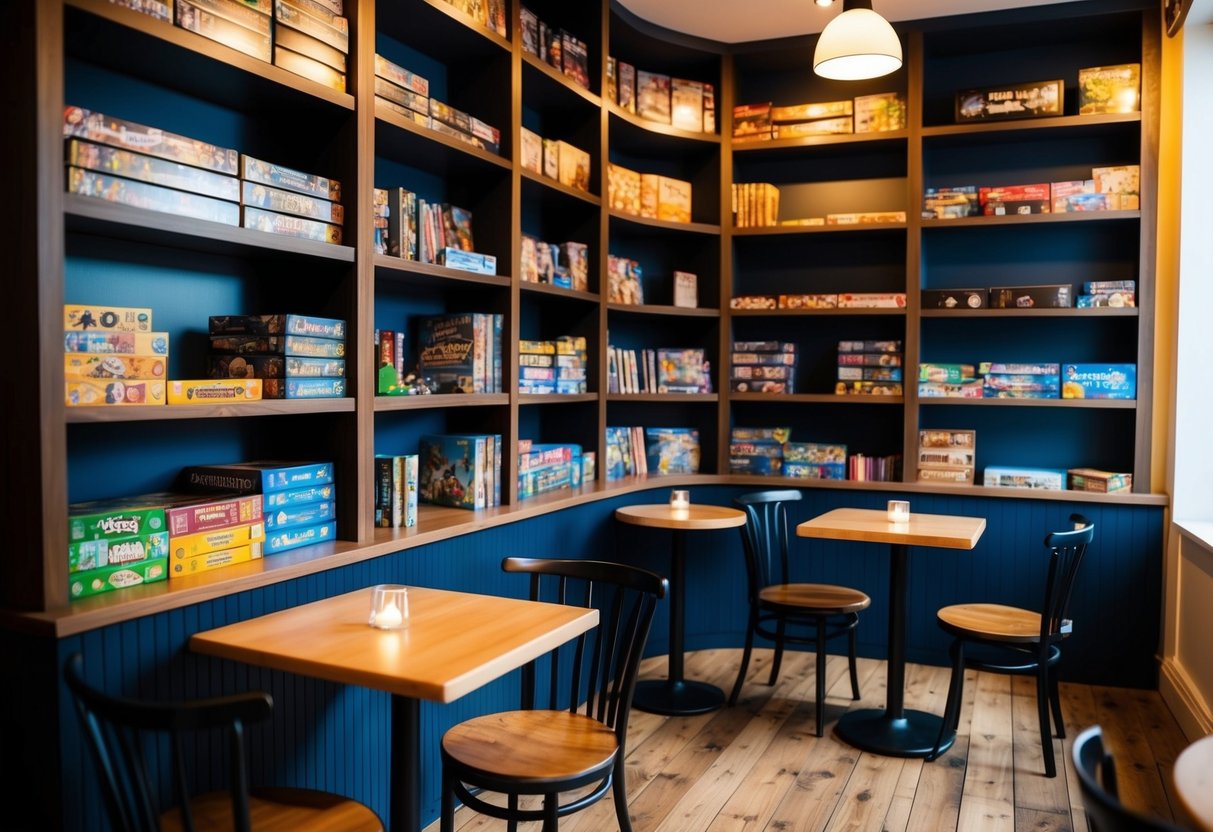 A cozy cafe with shelves of board games, tables set for two, and warm lighting creating a relaxed and inviting atmosphere