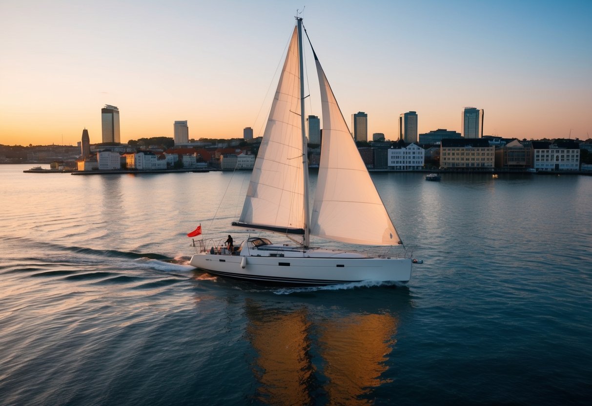 A sailboat glides across Aarhus Bay at sunset, with the city skyline in the background and the water reflecting the warm colors of the sky
