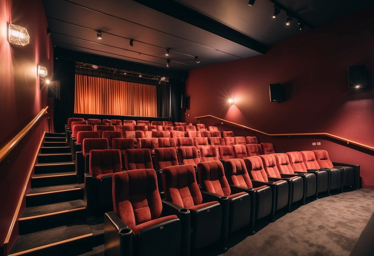 A cozy theater with dim lighting, plush seating, and a stage set for a romantic date night in Aarhus