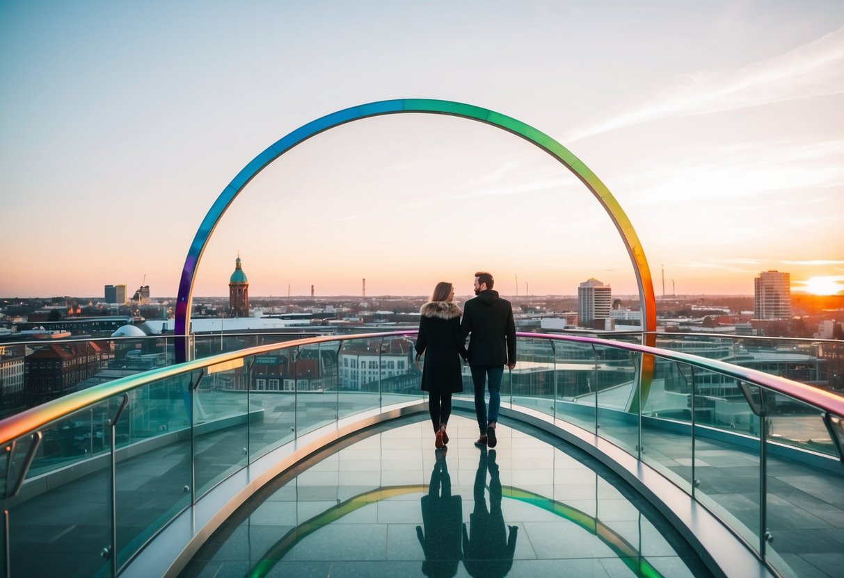 A couple walks along the circular glass walkway of Your Rainbow Panorama, enjoying the panoramic views of Aarhus cityscape at sunset