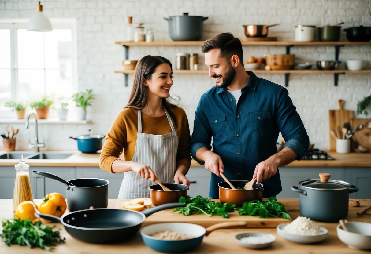 A cozy kitchen workshop with couples cooking together, surrounded by pots, pans, and fresh ingredients