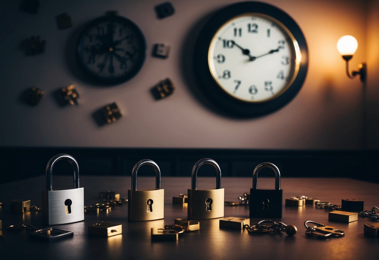 A dimly lit room with various puzzles and locks scattered around, with a large clock on the wall ticking away