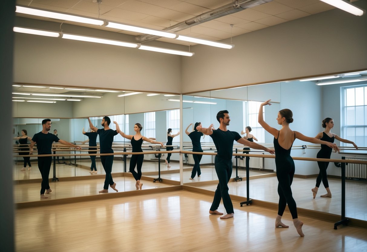 A spacious dance studio with mirrored walls and ballet barres, filled with couples practicing graceful movements