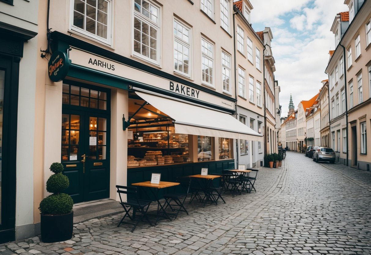 A cozy bakery with outdoor seating, surrounded by charming cobblestone streets and historic buildings in Aarhus