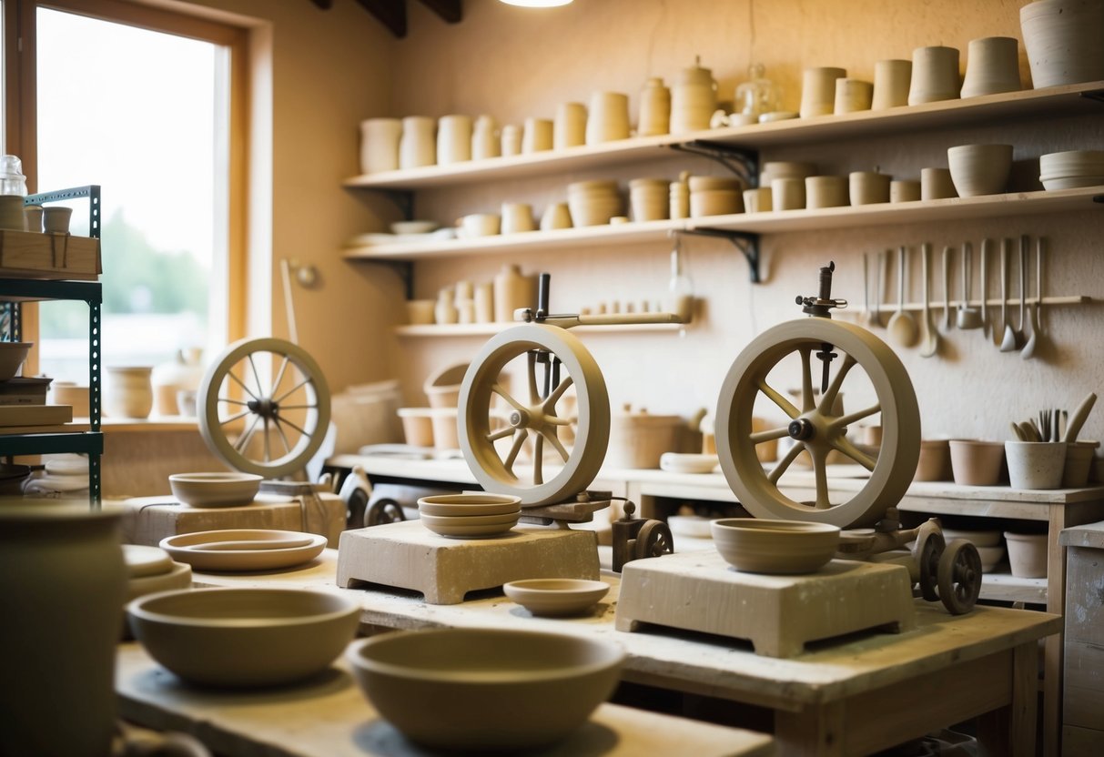 A cozy pottery workshop with spinning wheels, shelves of clay, and various tools for shaping and decorating ceramics. Warm lighting and a relaxed atmosphere