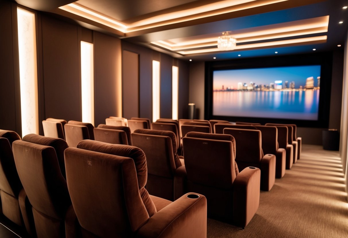 A cozy private cinema with plush seats, dim lighting, and a large screen