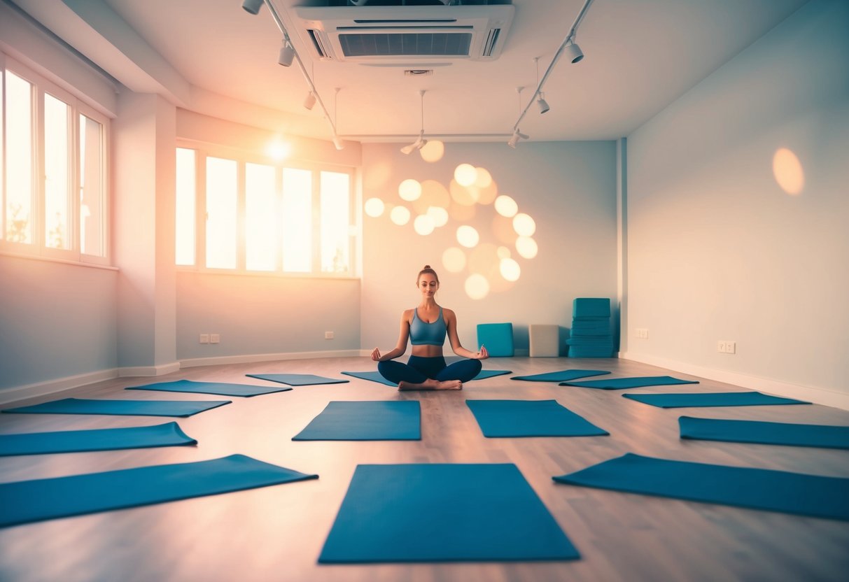 A serene yoga studio with soft lighting, mats arranged in a circle, and a calming atmosphere