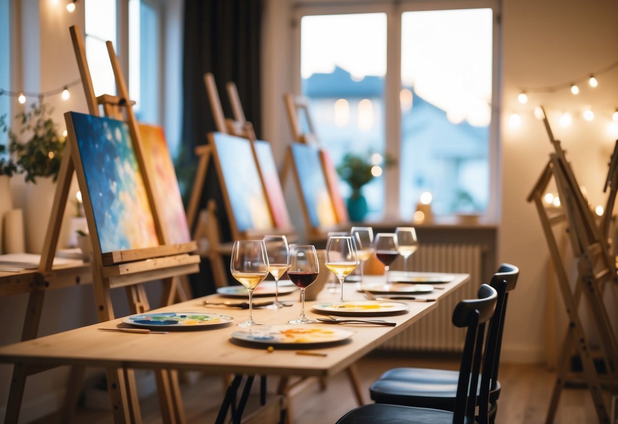 A cozy art studio with easels, paint palettes, and wine glasses set up on tables. Soft lighting and a relaxed atmosphere for a romantic evening