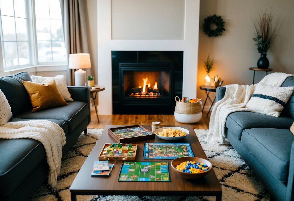 A cozy living room with a crackling fireplace, soft blankets, and a spread of board games and snacks on the coffee table