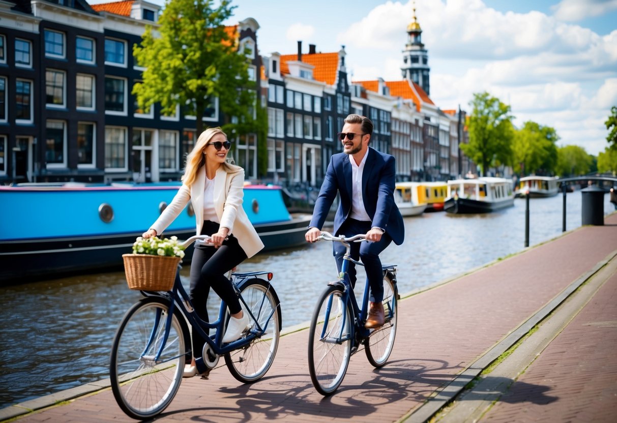 A couple riding bicycles along a canal in Amsterdam, passing by historic buildings and colorful houseboats
