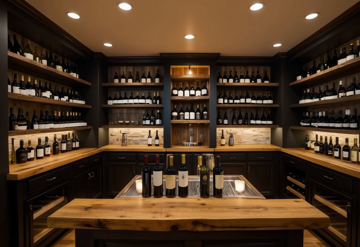 A cozy wine tasting room with a rustic wooden bar, shelves of wine bottles, and dim lighting creating a warm and inviting atmosphere