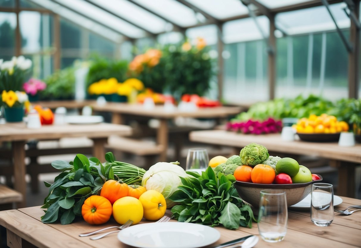 A table set with fresh produce and flowers in a greenhouse restaurant
