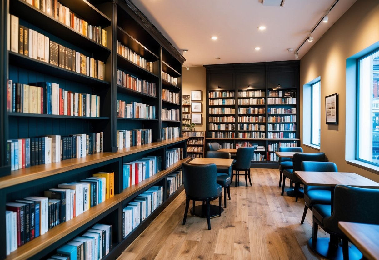 A cozy bookstore with shelves of books, a reading area, and a café with tables and chairs