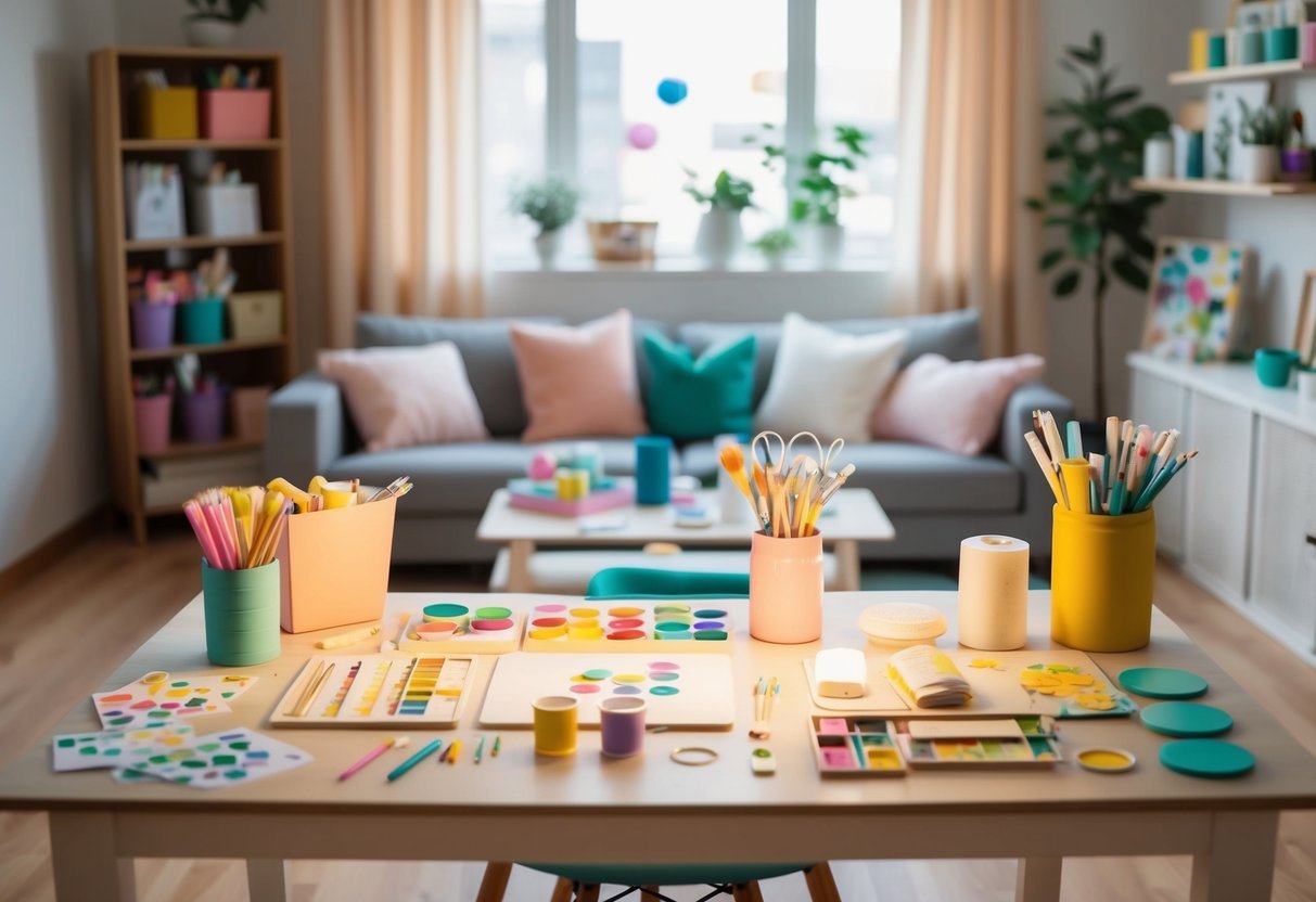 A cozy living room with a table set for crafting, surrounded by colorful art supplies and soft lighting