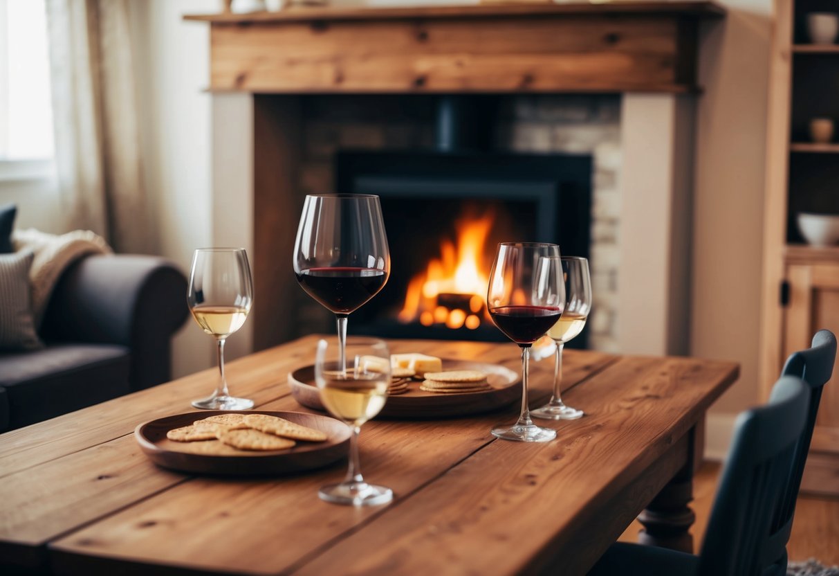 A cozy living room with a rustic wooden table set with wine glasses, cheese, and crackers. Soft lighting and a crackling fireplace create a warm, inviting atmosphere