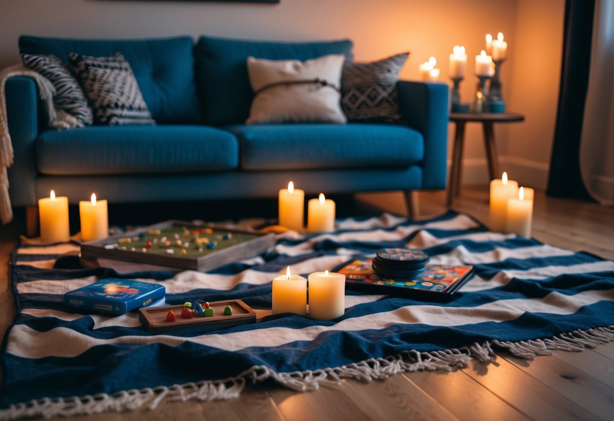 A cozy living room with a picnic blanket spread out on the floor, surrounded by flickering candles and a board game set up for a date night at home