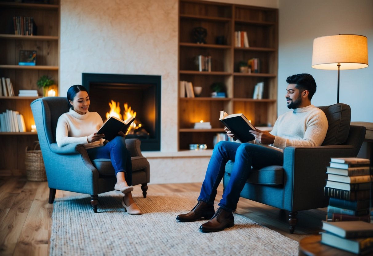 A cozy living room with a crackling fire, a comfortable armchair, and a stack of books. A person reads aloud while their partner listens attentively