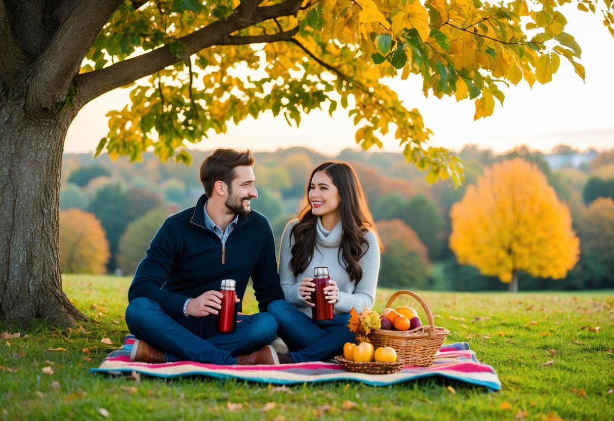 A couple sitting on a blanket under a colorful tree, enjoying a picnic with a thermos of hot drinks and a basket of autumn fruits