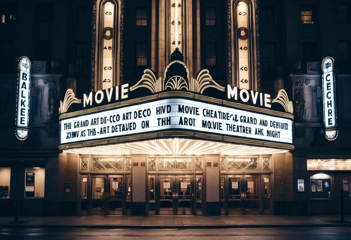 A grand Art Deco movie theater with ornate architecture and marquee lights illuminating the night