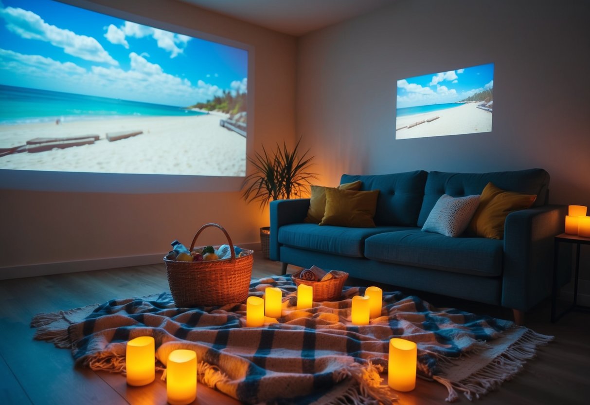 A cozy living room with a picnic blanket spread out on the floor, surrounded by candles and a basket of snacks. A projector plays a scenic beach video on the wall