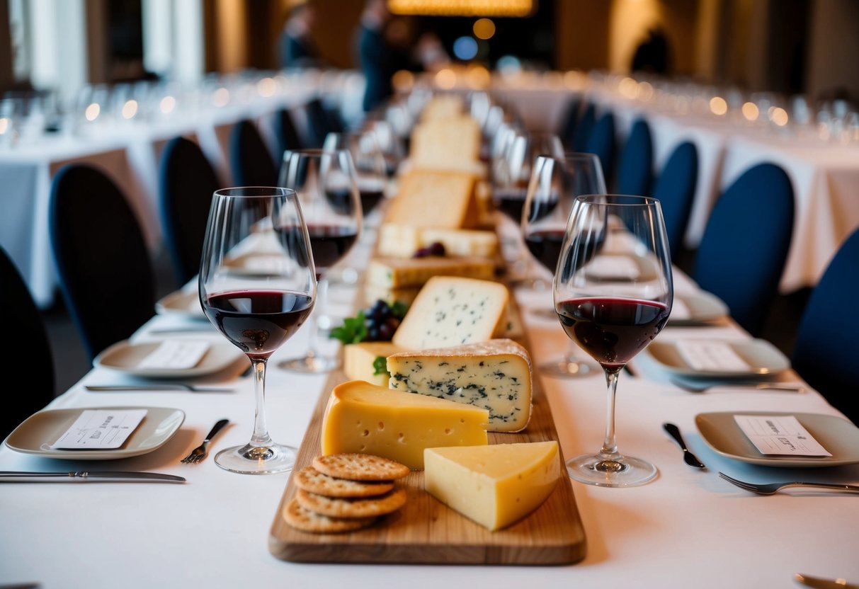 A table set with various cheeses, crackers, and wine glasses at a Reypenaer cheese tasting event in Amsterdam