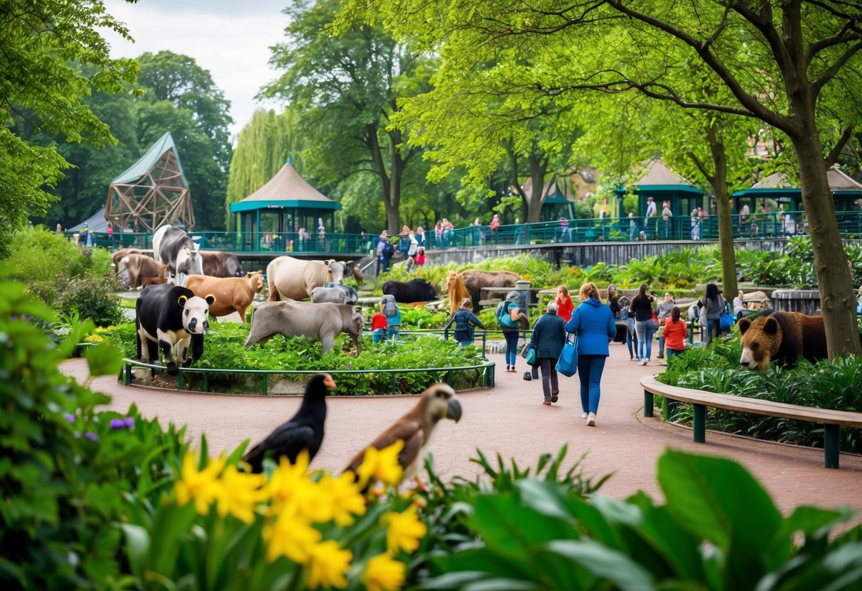 A colorful scene at Artis Zoo in Amsterdam with various animals, lush greenery, and visitors enjoying the exhibits