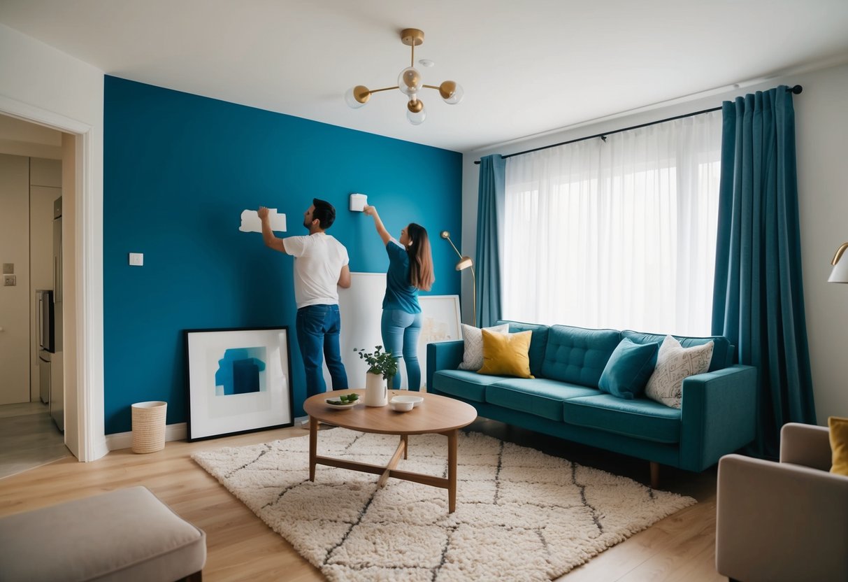 A couple paints a wall, rearranges furniture, and hangs new curtains in their living room