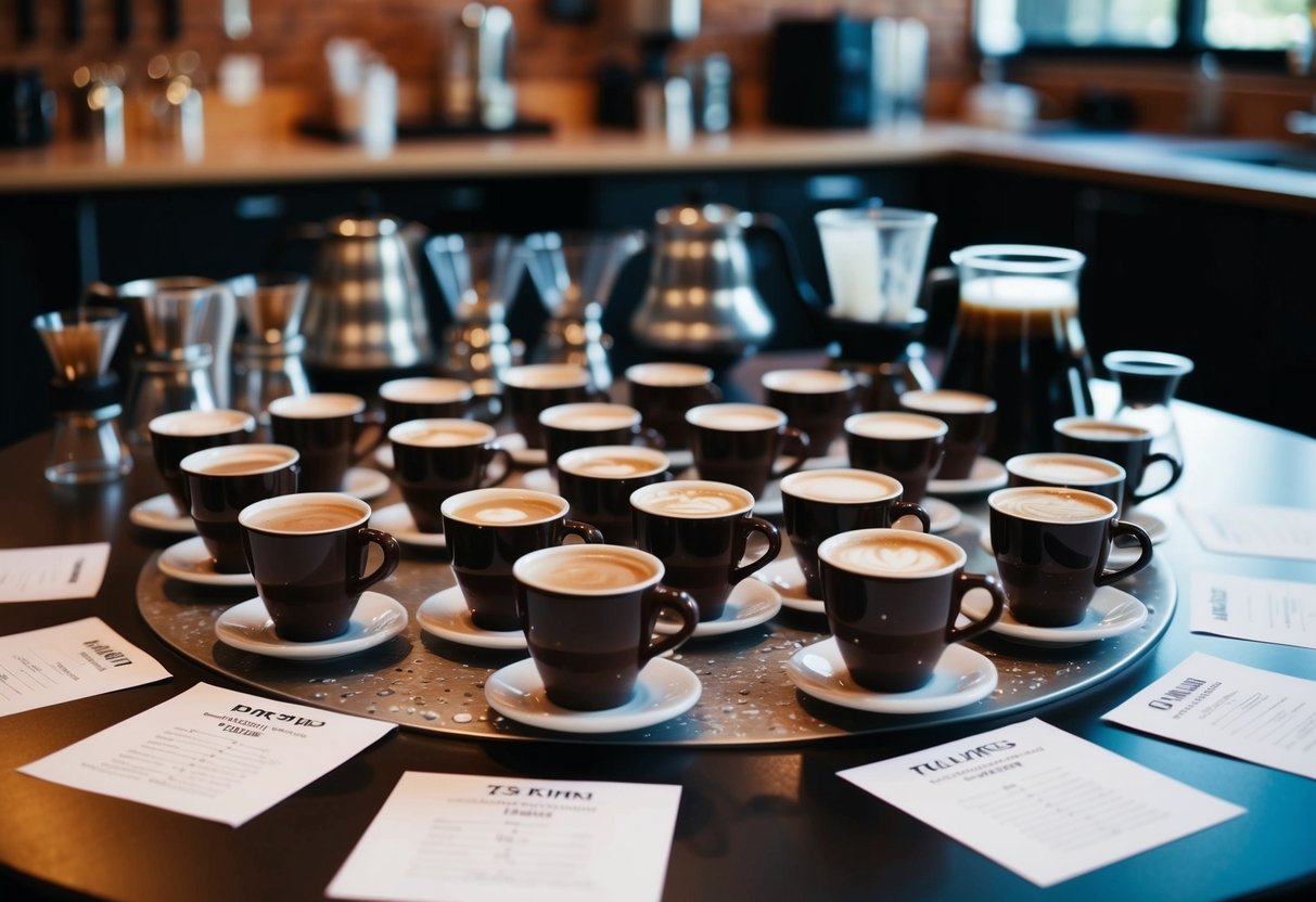 A table with multiple coffee cups arranged for a workshop, surrounded by various brewing equipment and tasting notes
