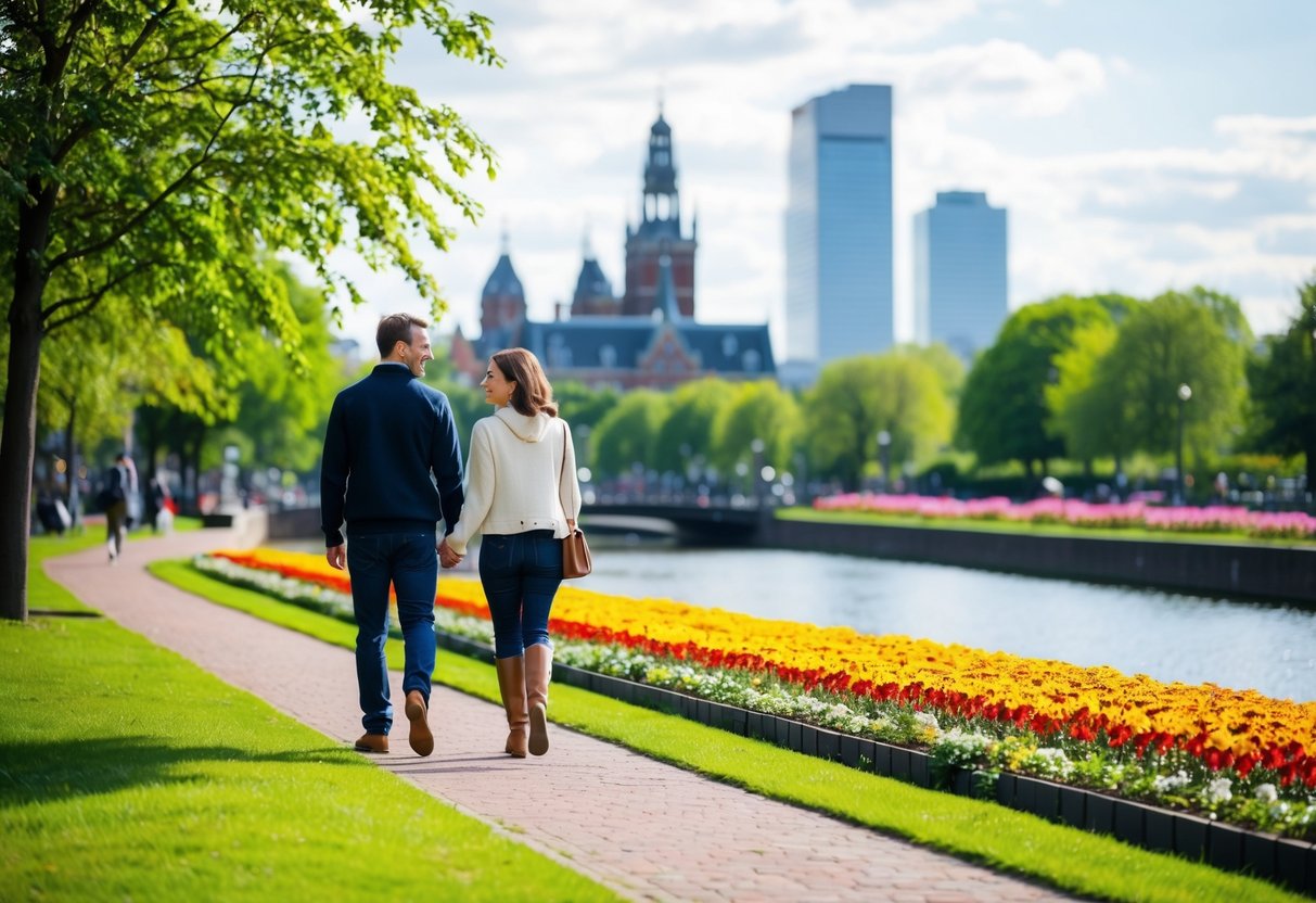 A couple walks through a lush park, passing by a serene pond and colorful flower beds, with the Amsterdam skyline in the background