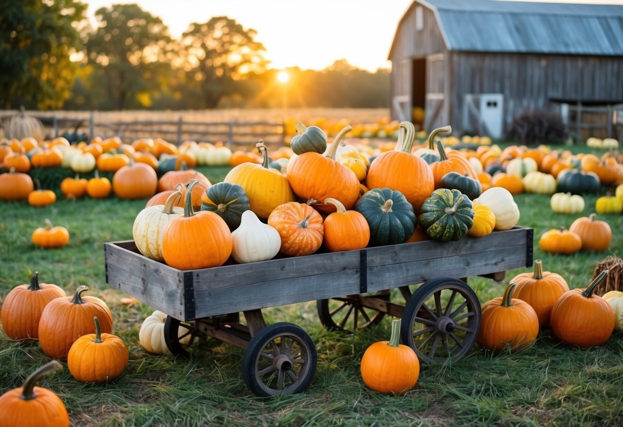 A colorful array of pumpkins and gourds scattered across a rustic wooden cart at a local farm. The golden sunlight casts a warm glow over the scene