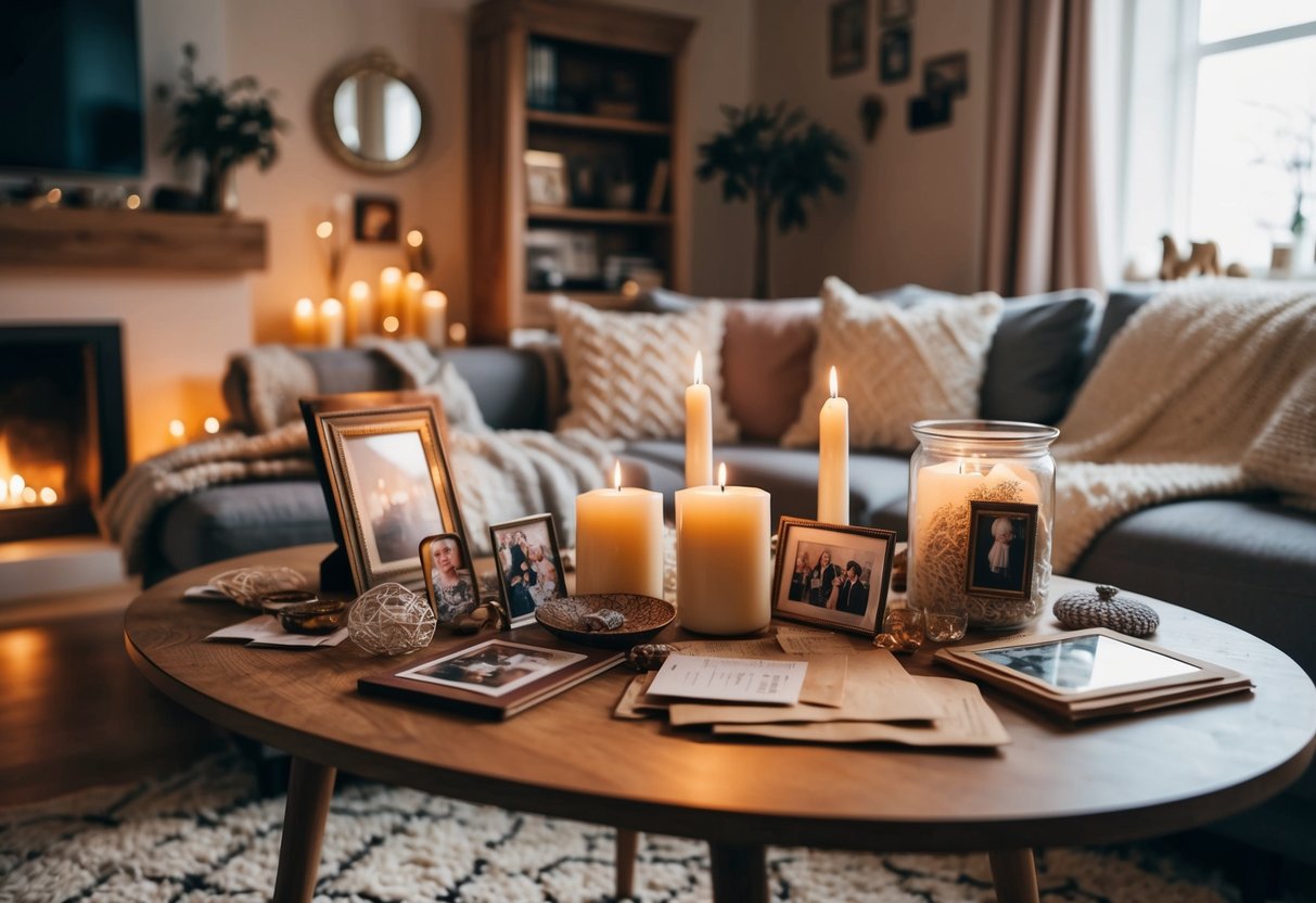 A cozy living room with blankets, candles, and a table filled with nostalgic items like old photos, letters, and trinkets