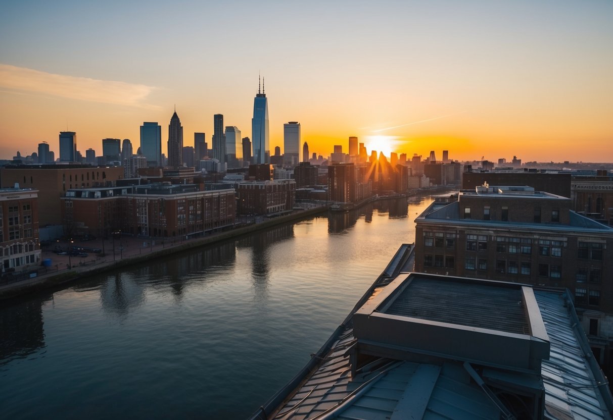 The rooftop overlooks a city skyline as the sun sets, casting a warm glow over the buildings and reflecting off the calm waters of the canal below