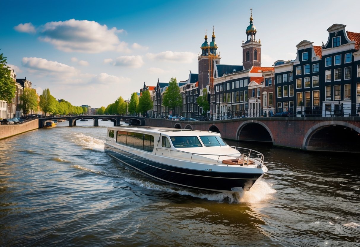 A private boat glides along Amsterdam's picturesque canals, passing by historic buildings and charming bridges