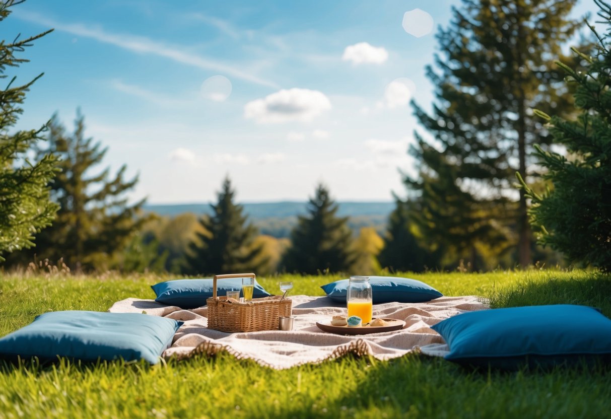 A cozy outdoor picnic with blankets spread out on the grass, surrounded by trees and a clear blue sky
