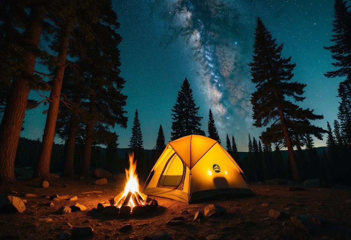A cozy campfire illuminates a tent nestled under a starry night sky, surrounded by towering trees and a serene wilderness