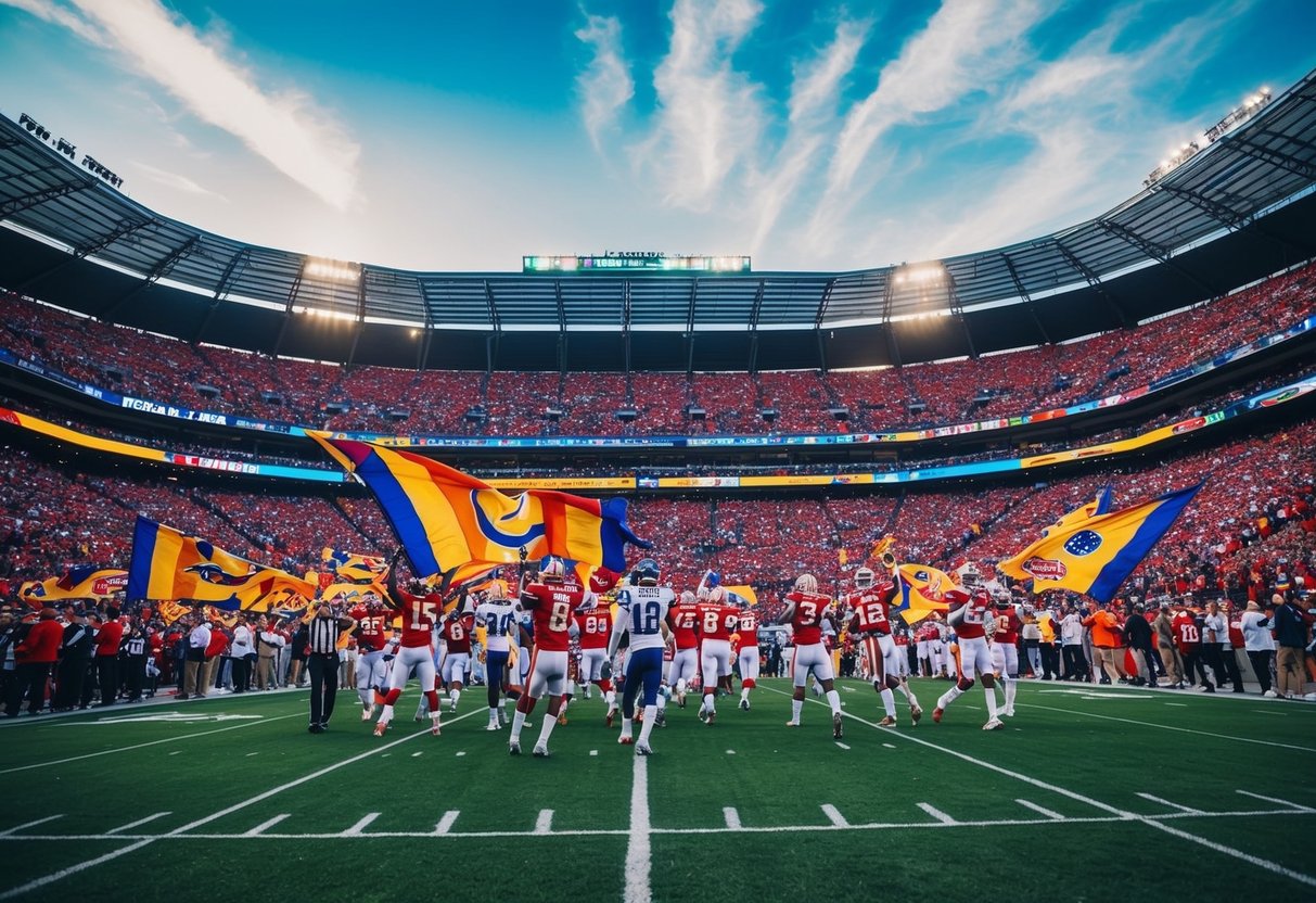 A crowded football stadium with cheering fans, players on the field, and colorful team banners flying in the air