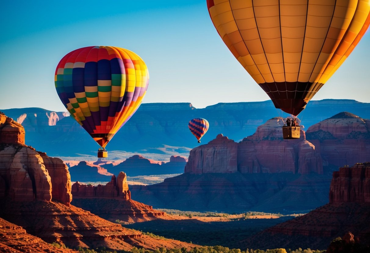 A colorful hot air balloon floats over the red rock formations of Sedona, Arizona, with a clear blue sky and distant mountains in the background