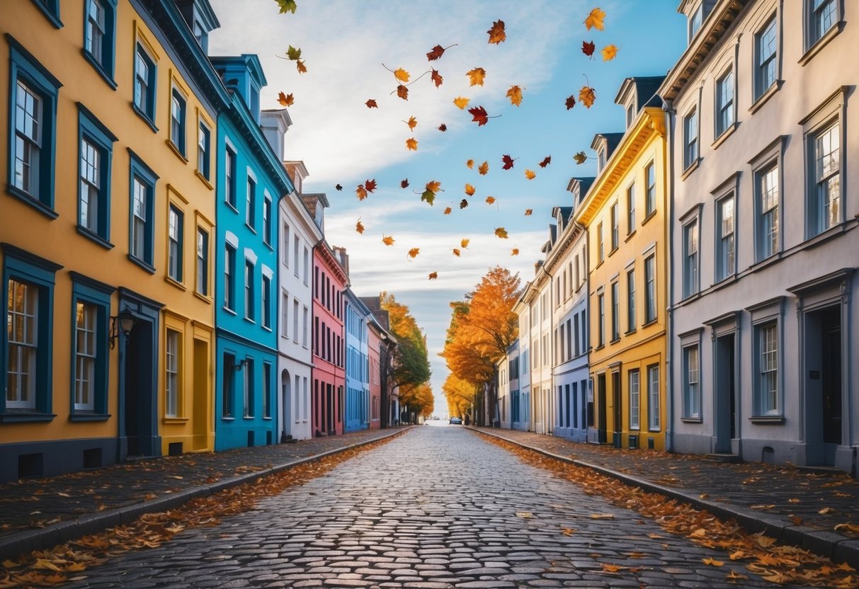 A cobblestone street lined with colorful, historic buildings, surrounded by falling leaves and a crisp autumn sky