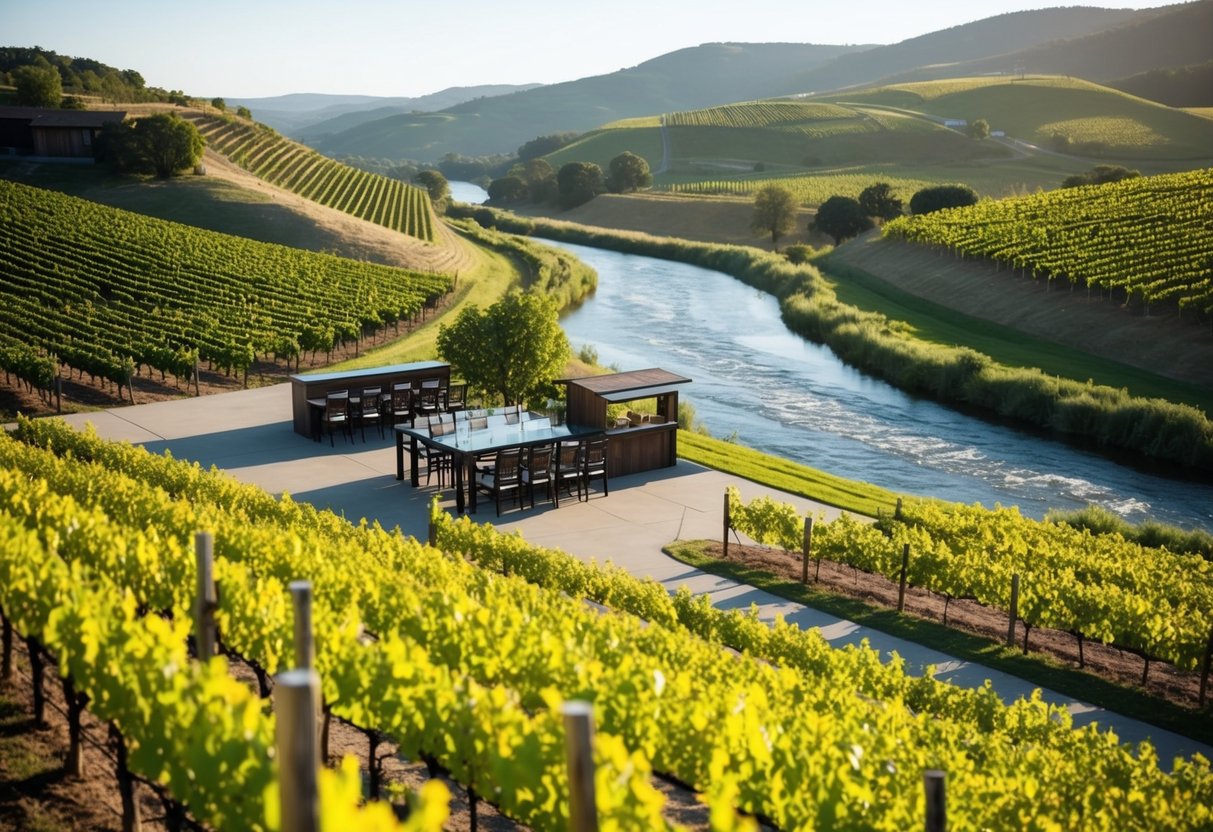 A sunny vineyard overlooks rolling hills and a winding river, with rows of grapevines and a rustic tasting room