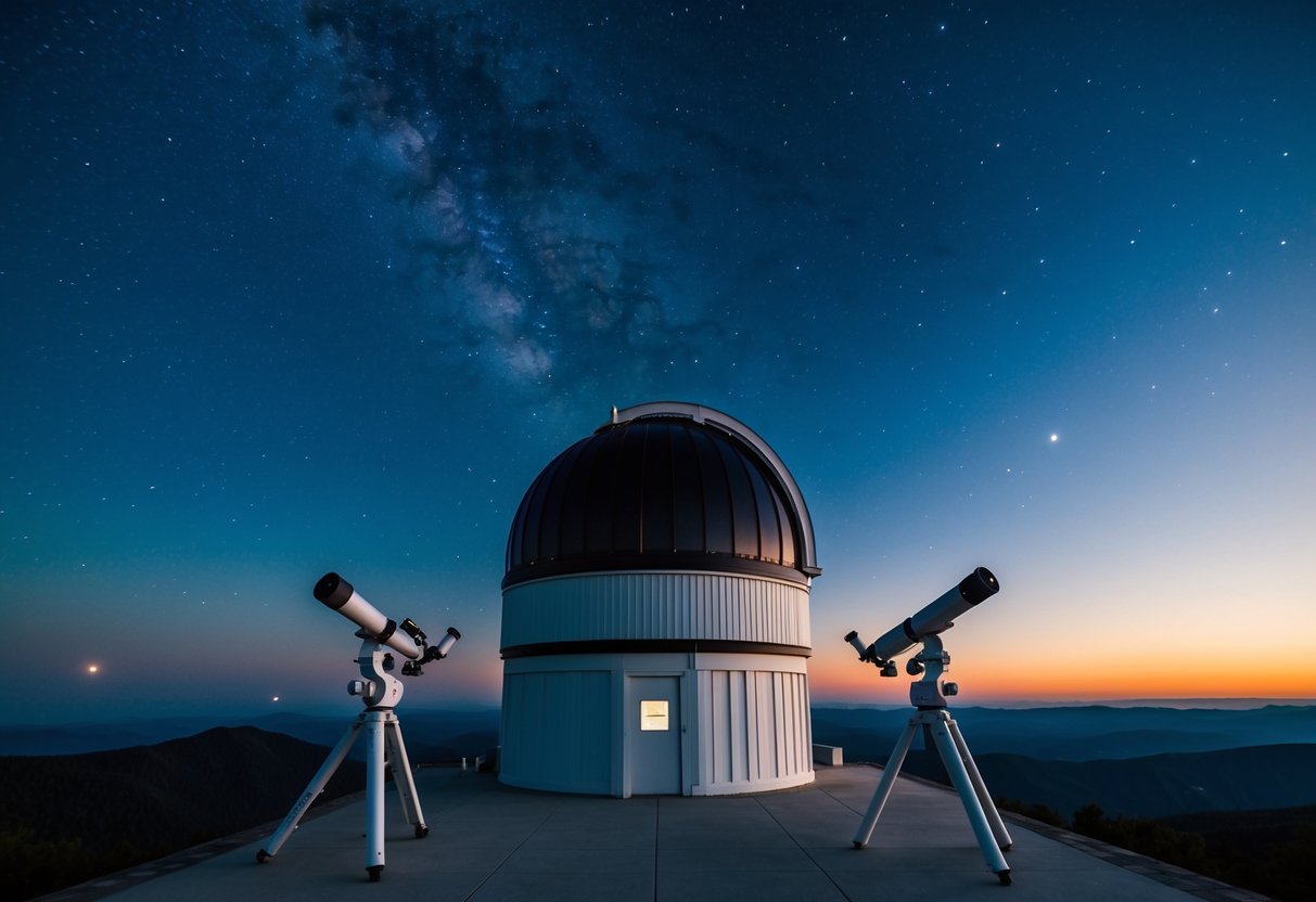 A clear night sky over Kitt Peak National Observatory, with telescopes pointed upwards, stars twinkling above
