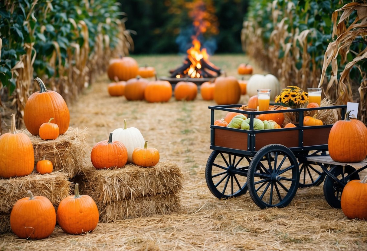 A rustic harvest festival with pumpkins, hay bales, and cornstalks. A wagon ride through the orchard and a bonfire with apple cider and s'mores