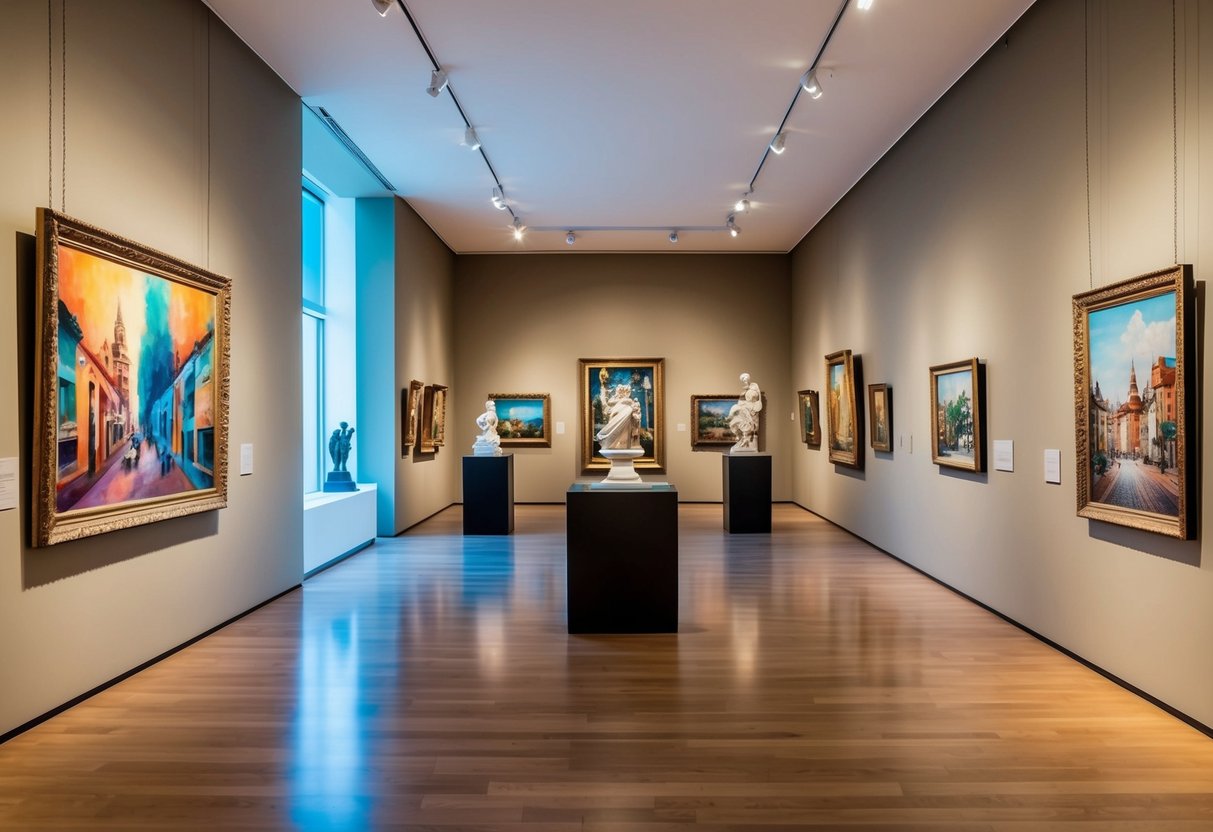 A museum or art gallery with colorful paintings and sculptures displayed under bright lights