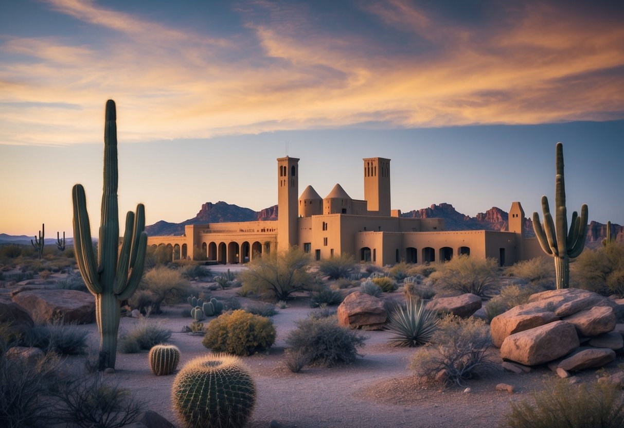 A desert landscape with cacti and rocky formations surrounding Taliesin West, with the setting sun casting a warm glow over the architecture