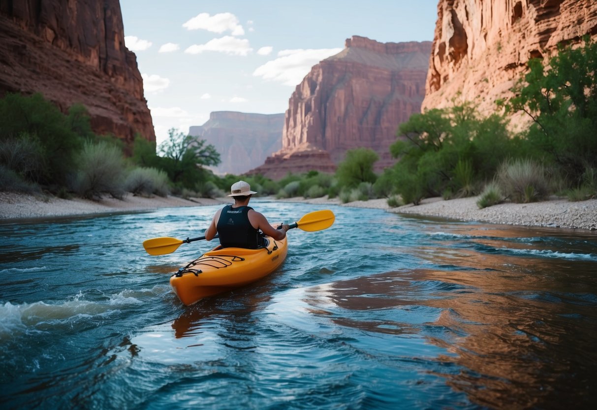 A kayak glides through the gentle rapids of the Salt River, surrounded by towering cliffs and lush desert vegetation