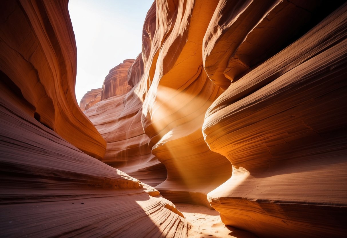 Sunlight beams through narrow sandstone canyon, casting warm hues on smooth, curved walls. Shadows dance along the textured rock formations, creating a mesmerizing display of natural beauty
